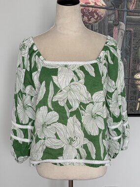 Tahari Green/White 100% Linen Top L